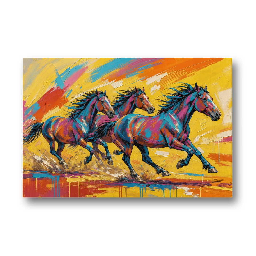Horse Wall Art Three Mustangs in Electric Color - Canvas Wall Art - Front
