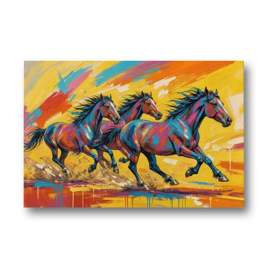 Horse Wall Art Three Mustangs in Electric Color - Canvas Wall Art - Front