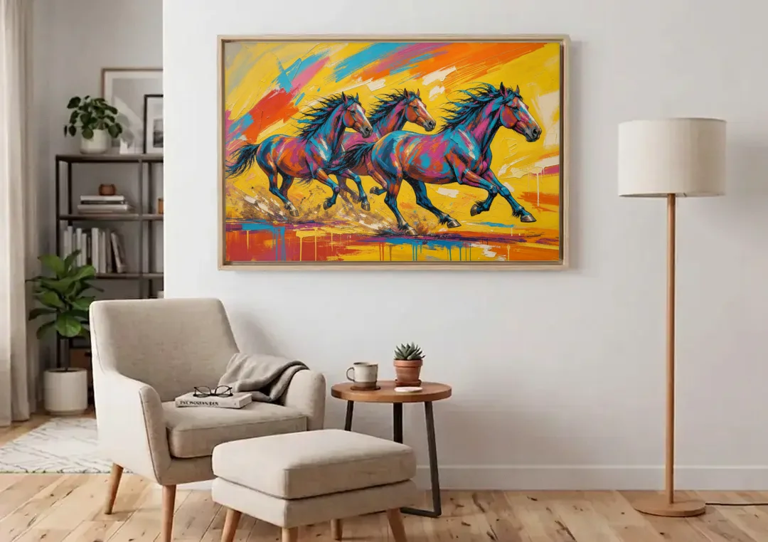 Horse Wall Art Three Mustangs in Electric Color canvas wall art above an armchair in a bright living room