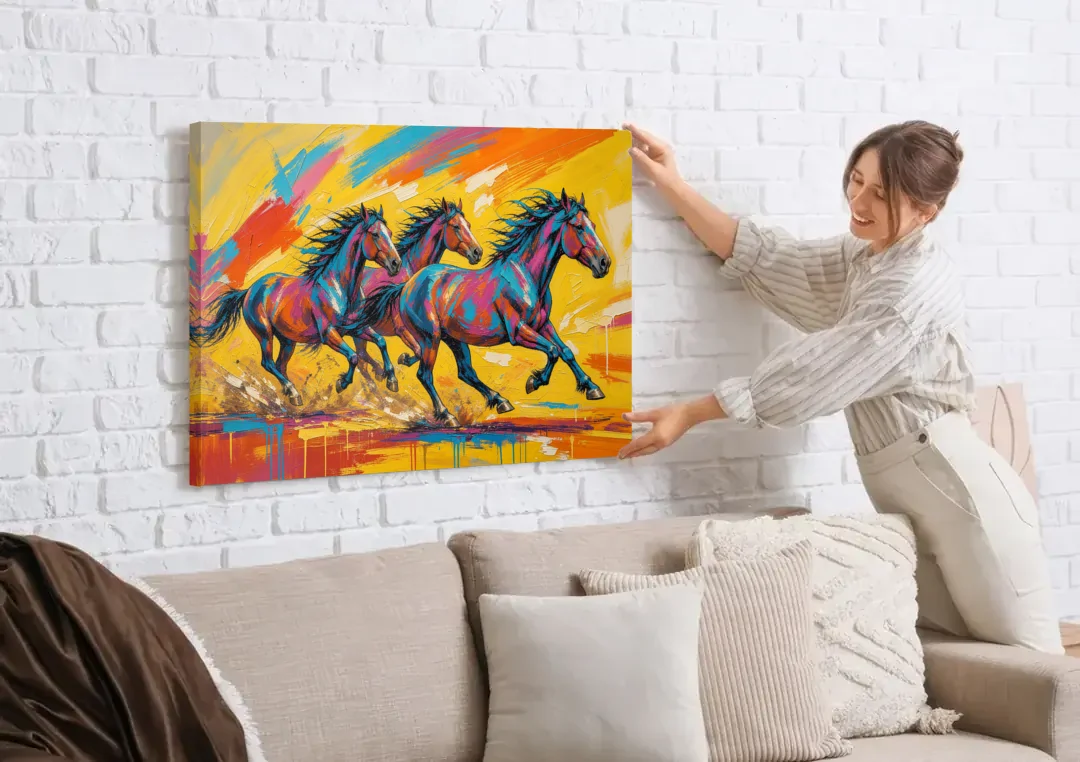 Horse Wall Art Three Mustangs in Electric Color canvas wall art being hung on a white brick wall above a sofa