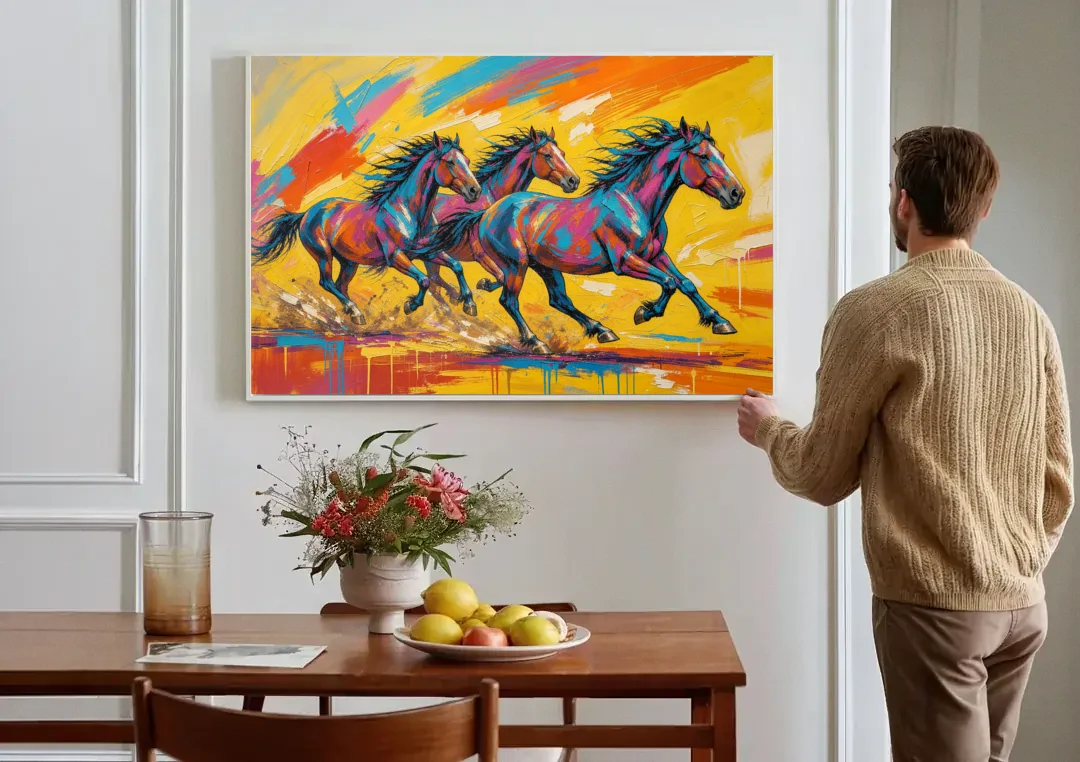 Horse Wall Art Three Mustangs in Electric Color canvas wall art above a dining table