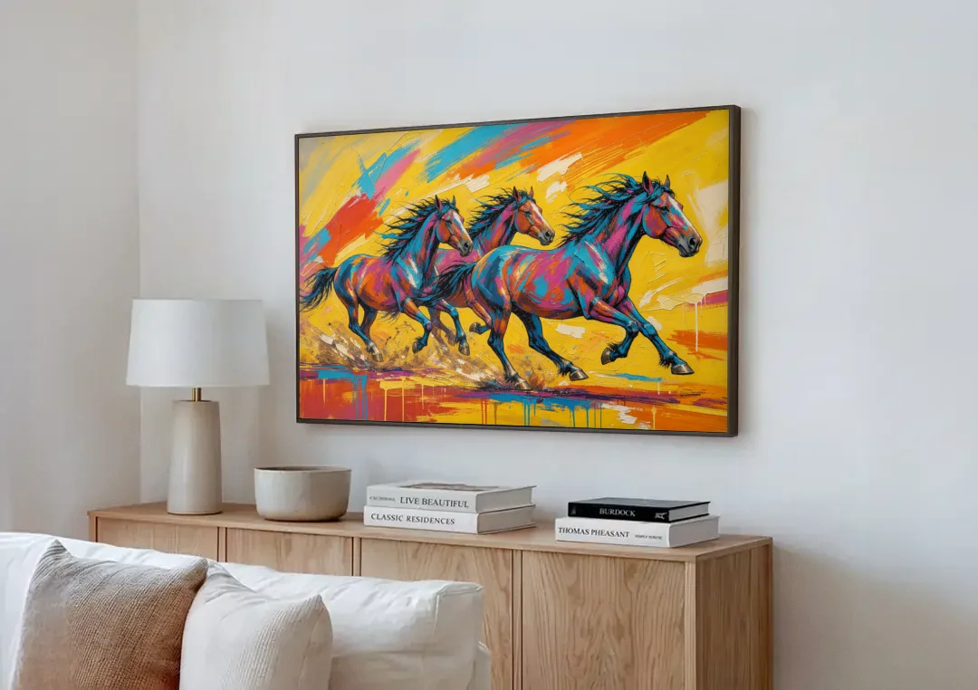 Horse Wall Art Three Mustangs in Electric Color canvas wall art above a wooden sideboard next to a sofa