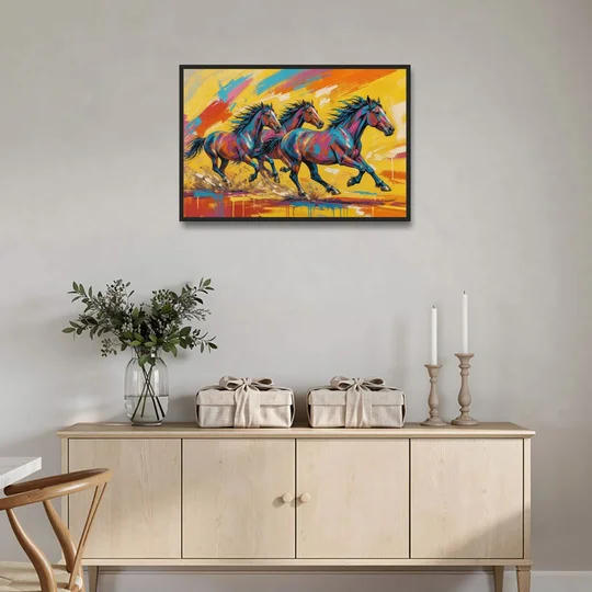 Horse Wall Art Three Mustangs in Electric Color - Black Framed Canvas Wall Art - Coffee Table - 36x24