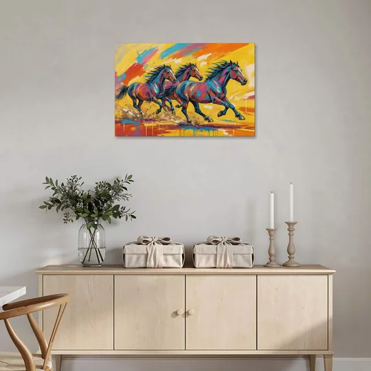 Horse Wall Art Three Mustangs in Electric Color - Canvas Wall Art - Coffee Table - 36x24
