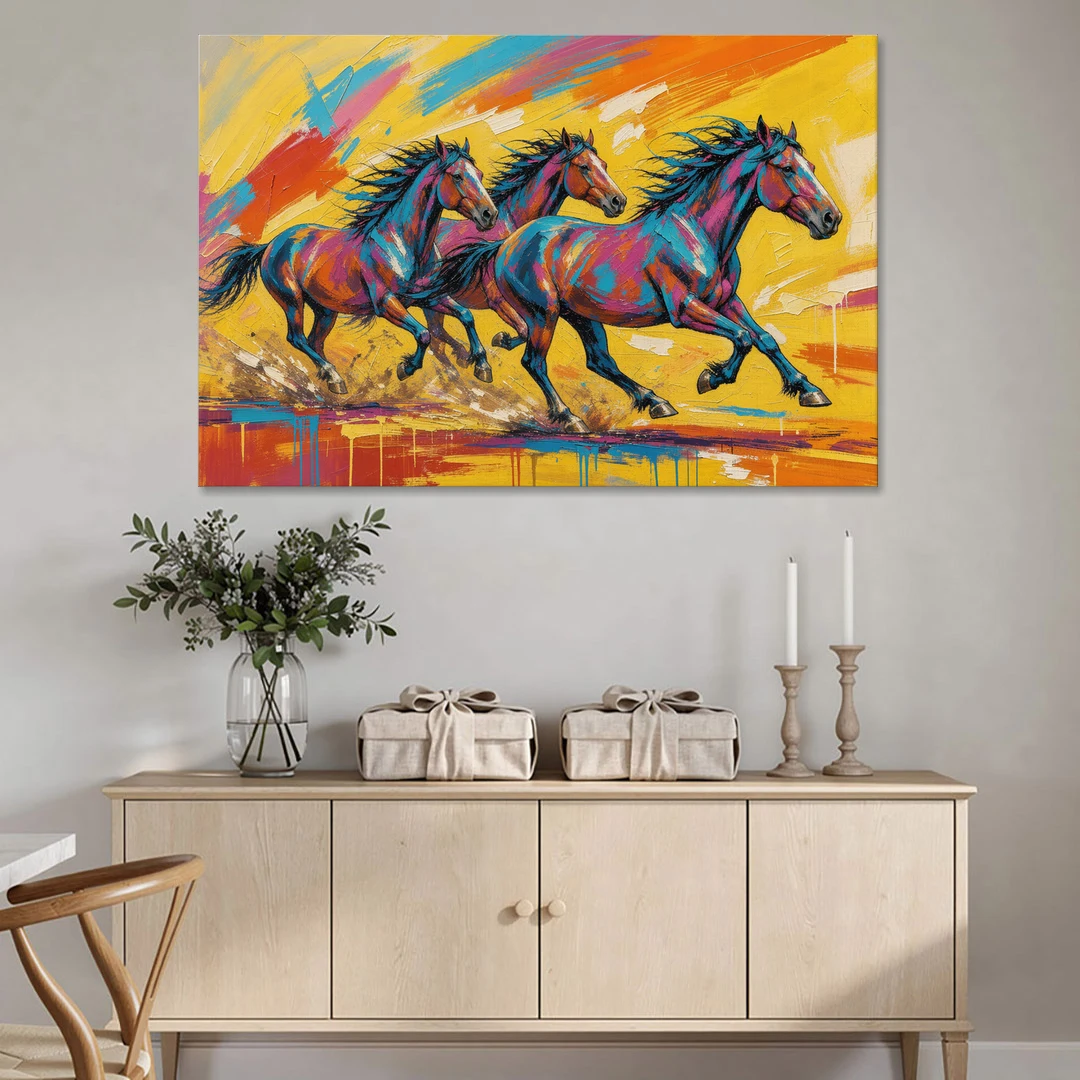 Horse Wall Art Three Mustangs in Electric Color - Canvas Wall Art - Coffee Table - 60x40