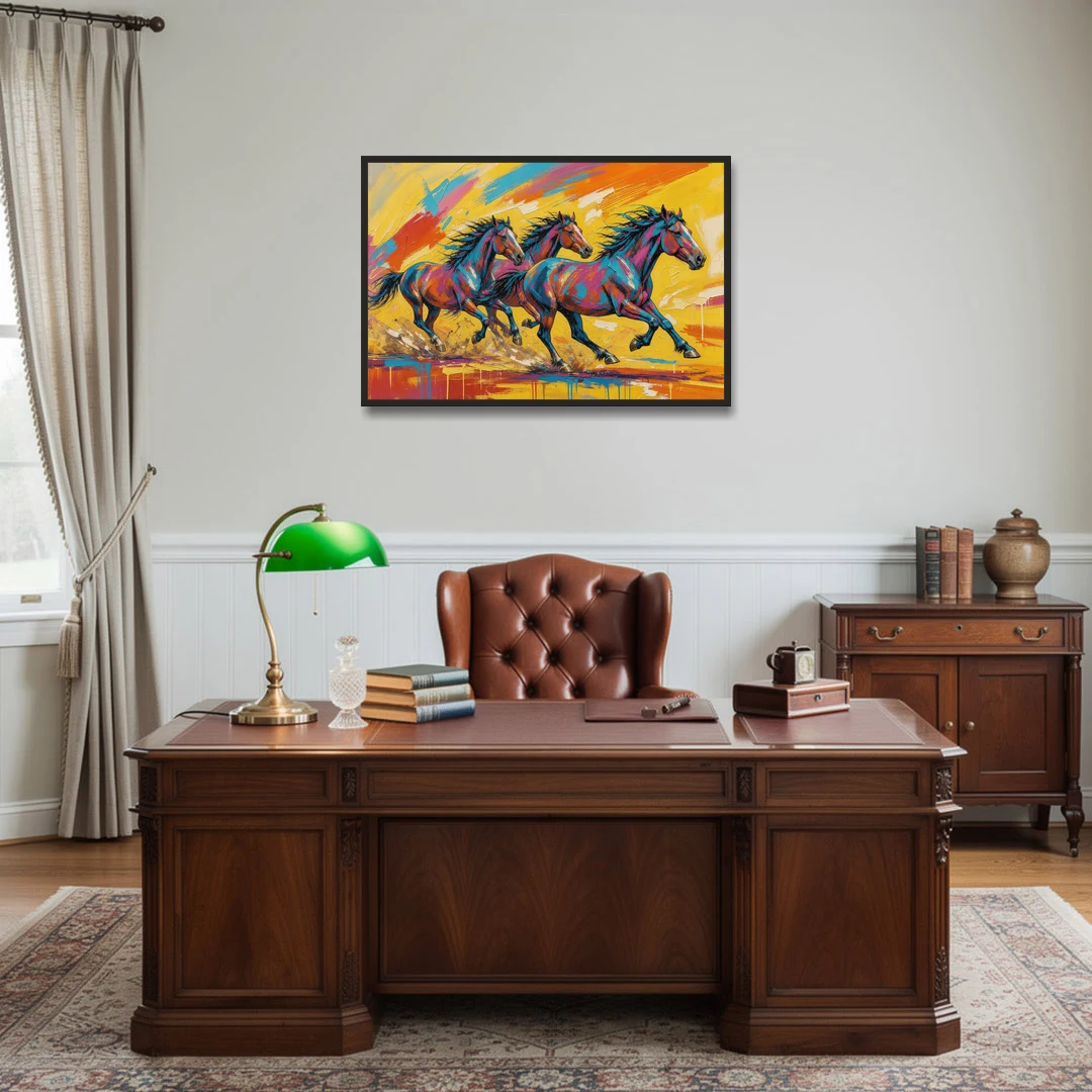 Horse Wall Art Three Mustangs in Electric Color - Black Framed Canvas Wall Art - Office - 36x24