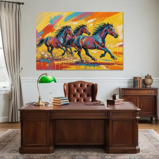 Horse Wall Art Three Mustangs in Electric Color - Canvas Wall Art - Office - 60x40