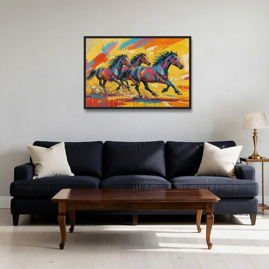 Horse Wall Art Three Mustangs in Electric Color - Black Framed Canvas Wall Art - Sofa - 36x24