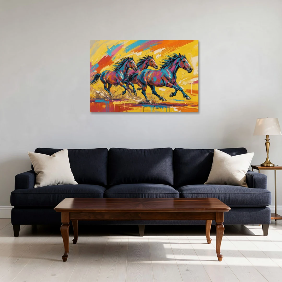 Horse Wall Art Three Mustangs in Electric Color - Canvas Wall Art - Sofa - 36x24