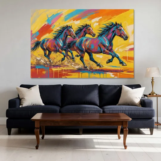 Horse Wall Art Three Mustangs in Electric Color - Canvas Wall Art - Sofa - 60x40
