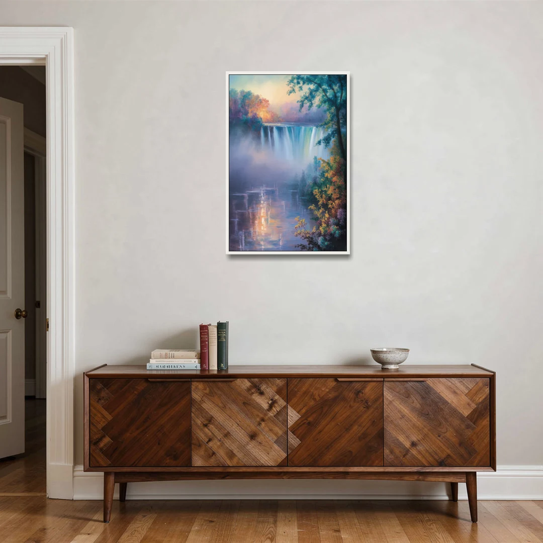 Horseshoe Falls Fog - White Framed Canvas Wall Art - Coffee Table - 24x36