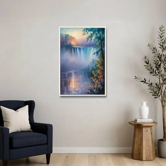 Horseshoe Falls Fog - White Framed Canvas Wall Art - Sofa - 24x36