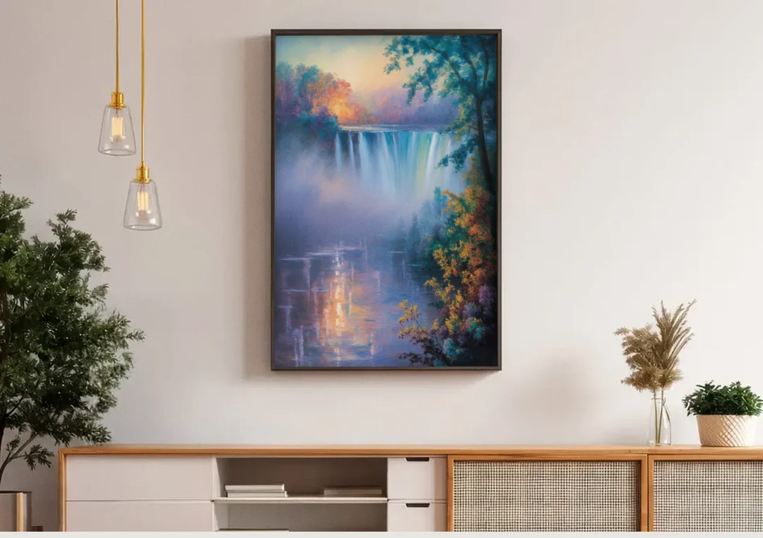 Horseshoe Falls Fog canvas wall art above a wooden sideboard under pendant lights