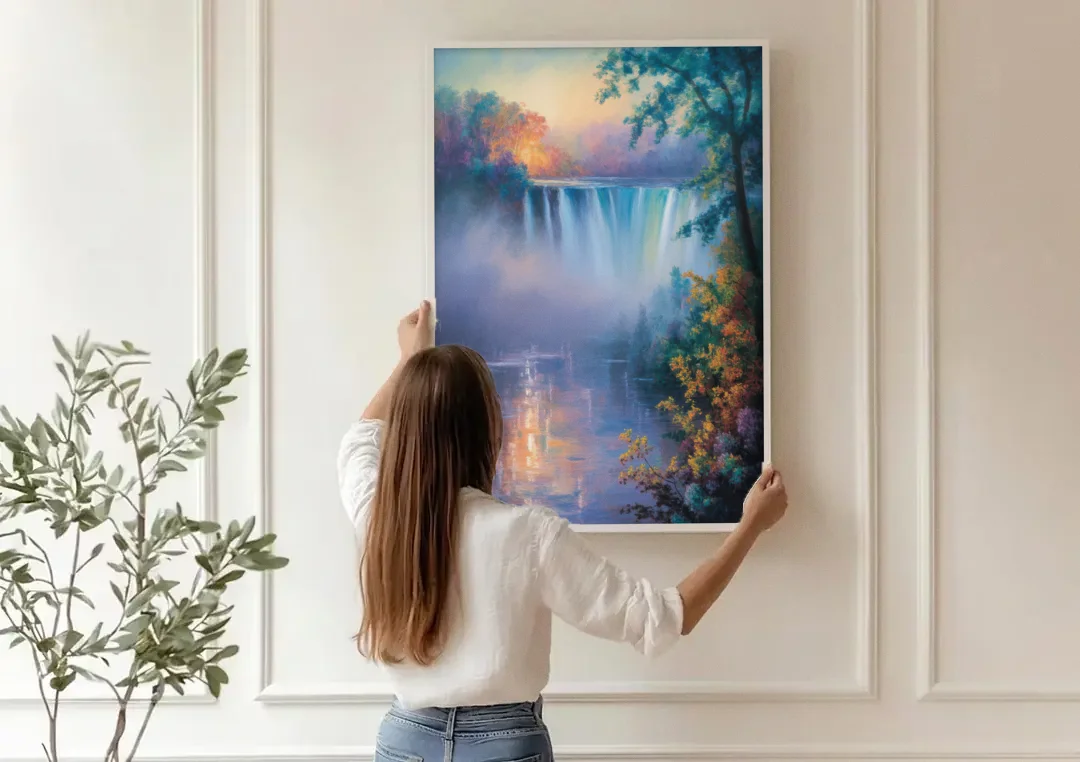 Horseshoe Falls Fog canvas wall art being hung on a paneled wall