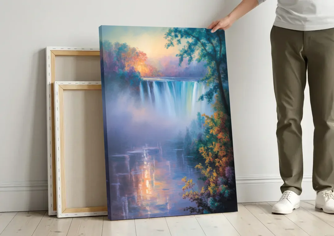 Horseshoe Falls Fog canvas wall art leaning against a wall next to blank canvases