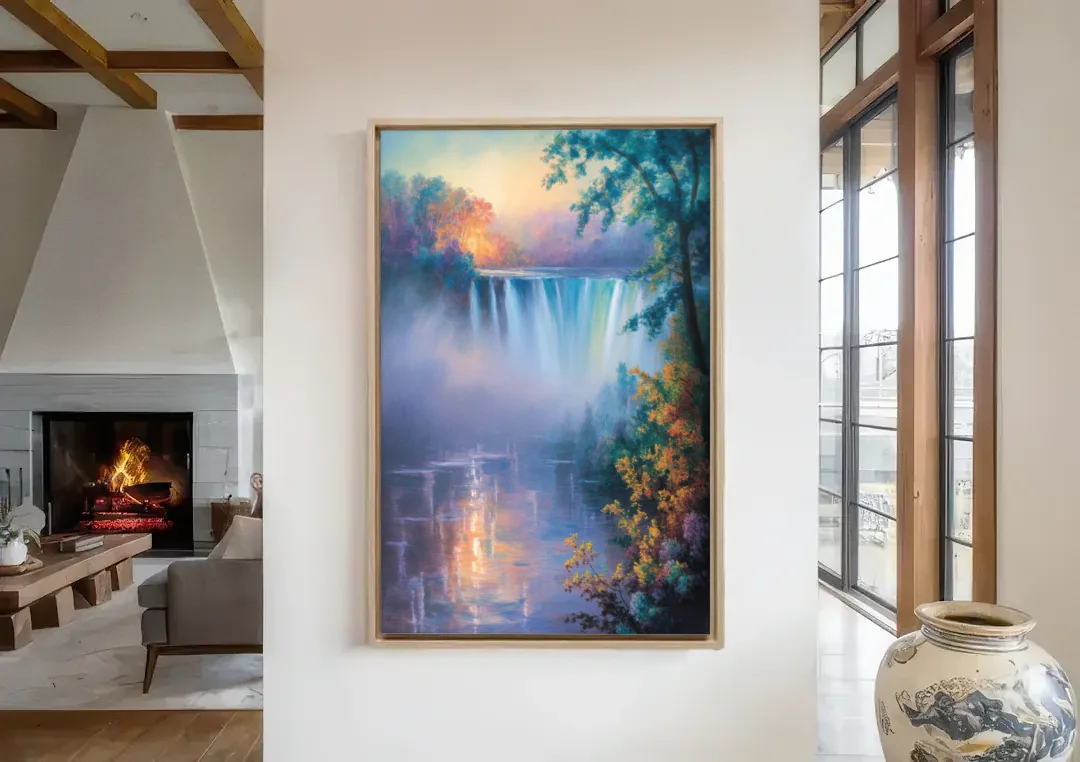 Horseshoe Falls Fog canvas wall art in a living room with a fireplace