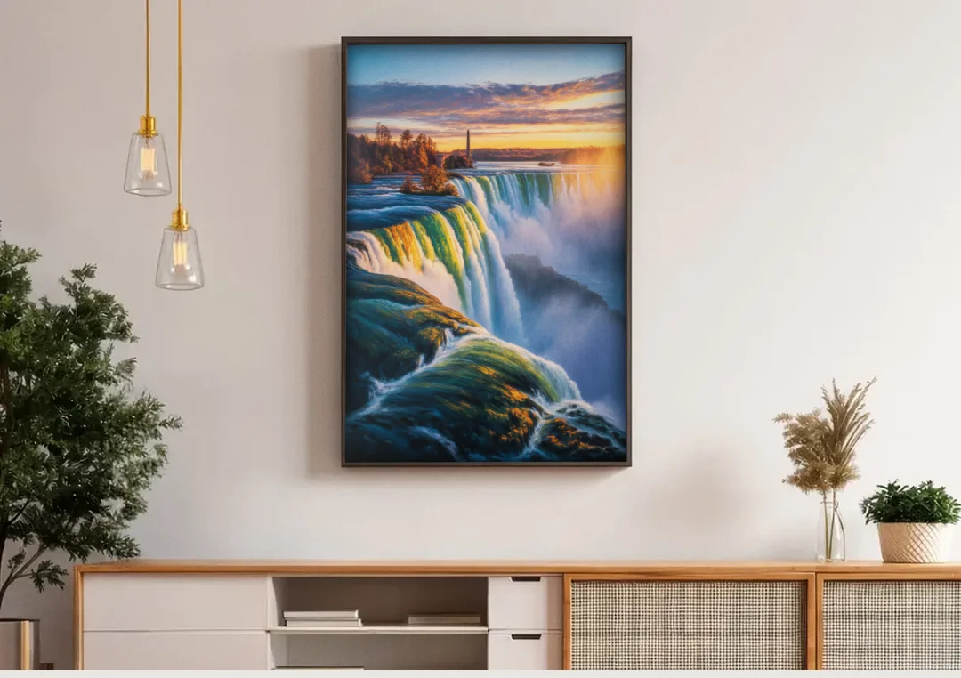 Horseshoe Falls Sunrise canvas wall art above a wooden sideboard under pendant lights