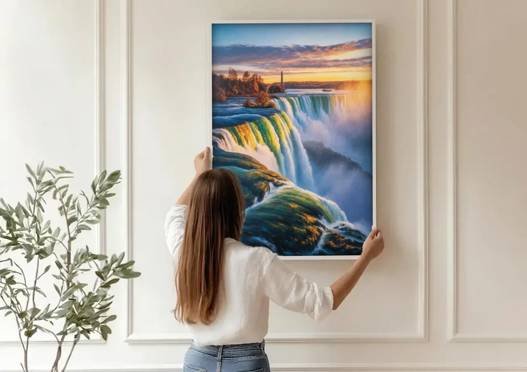 Horseshoe Falls Sunrise canvas wall art being hung on a paneled wall