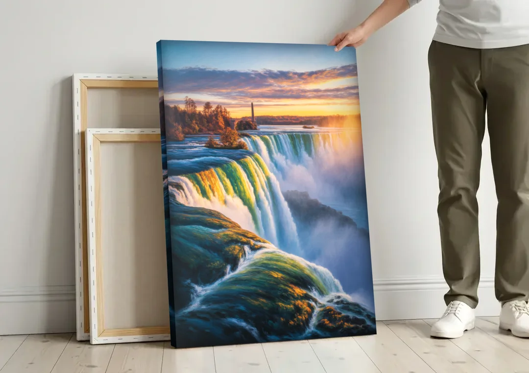 Horseshoe Falls Sunrise canvas wall art leaning against a wall next to blank canvases