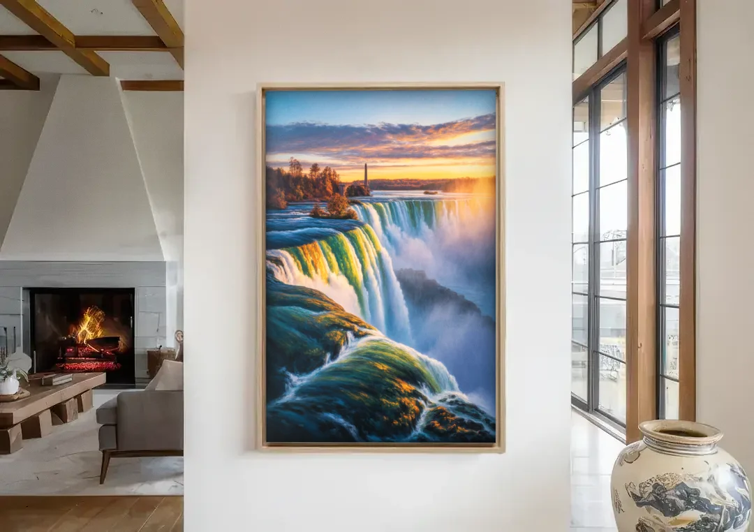Horseshoe Falls Sunrise canvas wall art in a living room with a fireplace