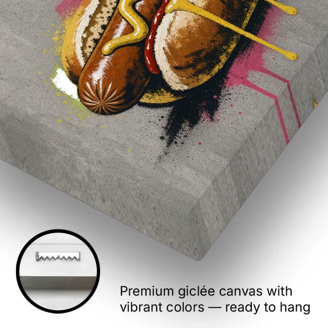 Hot Dog Art with Mustard Zigzag Drips - Canvas Wall Art - Gallery Wrap Corner