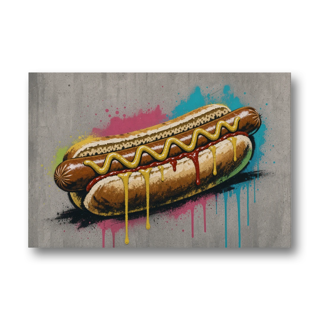 Hot Dog Art with Mustard Zigzag Drips - Canvas Wall Art - Front