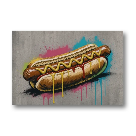 Hot Dog Art with Mustard Zigzag Drips - Canvas Wall Art - Front