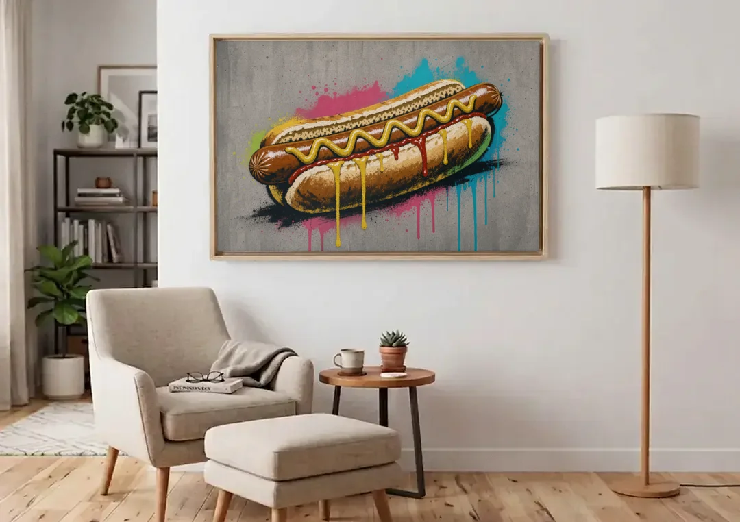 Hot Dog Art with Mustard Zigzag Drips canvas wall art above an armchair in a bright living room