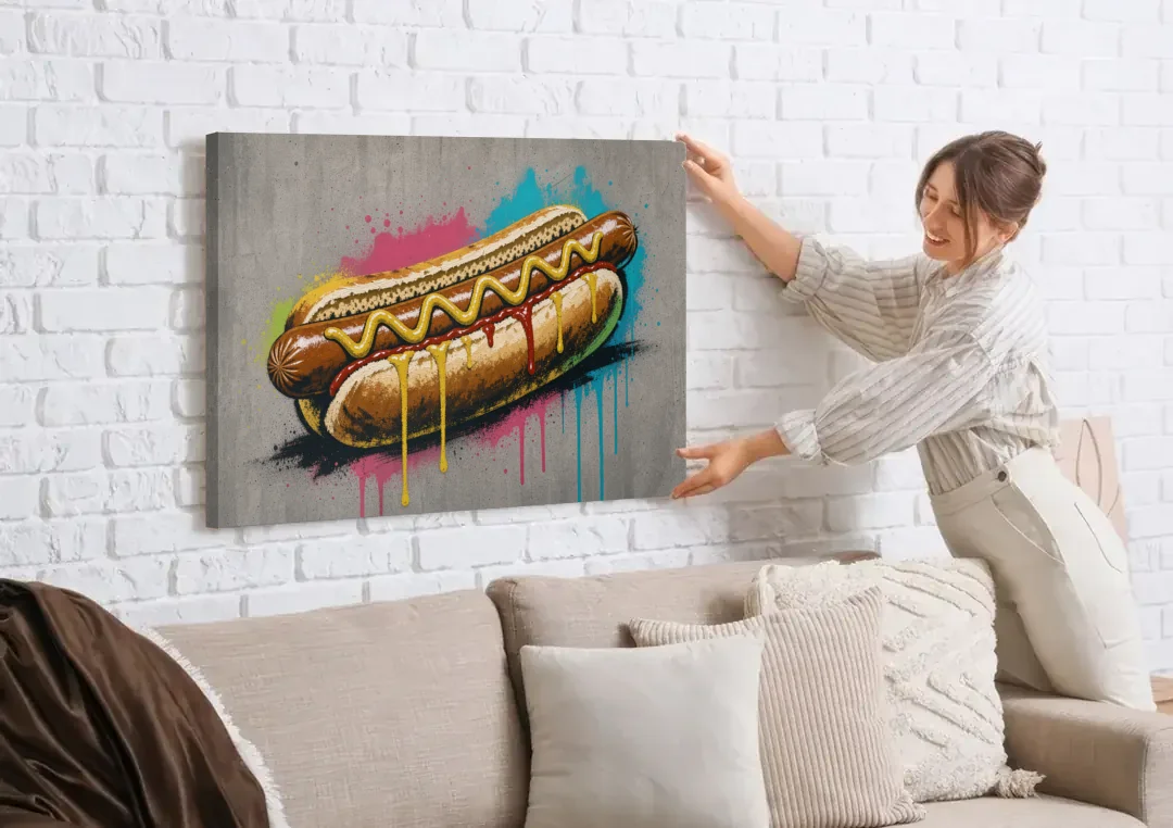 Hot Dog Art with Mustard Zigzag Drips canvas wall art being hung on a white brick wall above a sofa