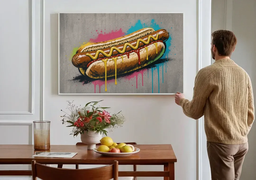 Hot Dog Art with Mustard Zigzag Drips canvas wall art above a dining table