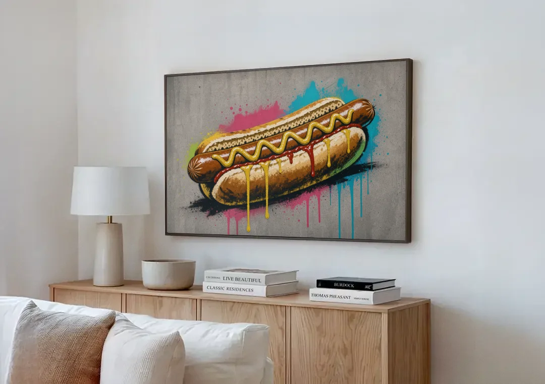 Hot Dog Art with Mustard Zigzag Drips canvas wall art above a wooden sideboard next to a sofa