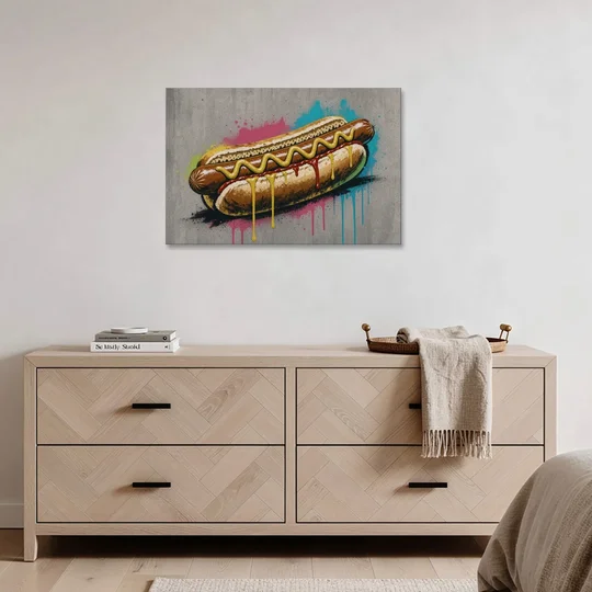 Hot Dog Art with Mustard Zigzag Drips - Canvas Wall Art - Coffee Table - 36x24