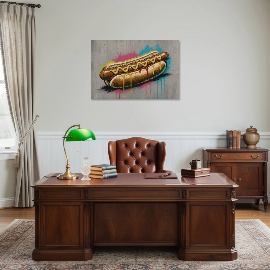 Hot Dog Art with Mustard Zigzag Drips - Canvas Wall Art - Office - 36x24