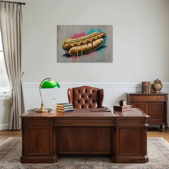 Hot Dog Art with Mustard Zigzag Drips - Canvas Wall Art - Office - 36x24
