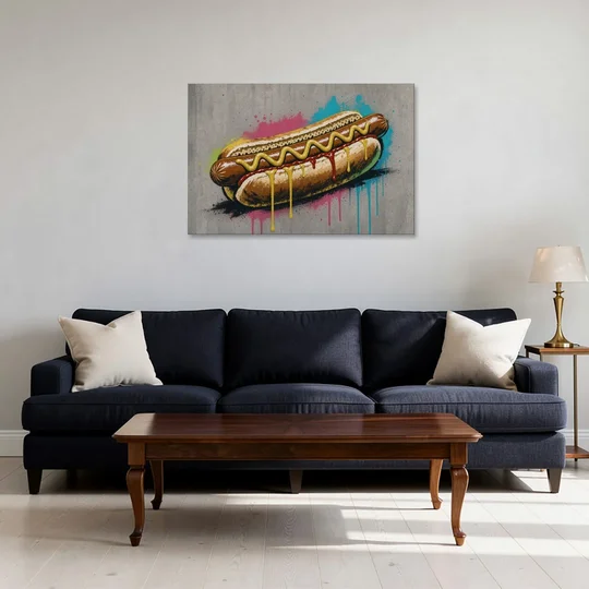 Hot Dog Art with Mustard Zigzag Drips - Canvas Wall Art - Sofa - 36x24
