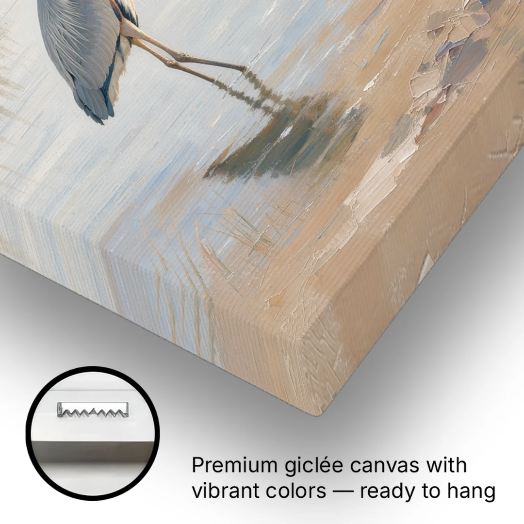 Hotel Room Decor with a Heron in Misty Shallows - Canvas Wall Art - Gallery Wrap Corner