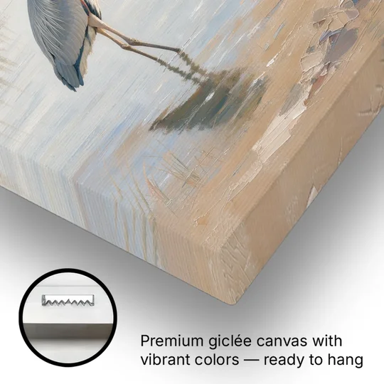 Hotel Room Decor with a Heron in Misty Shallows - Canvas Wall Art - Gallery Wrap Corner