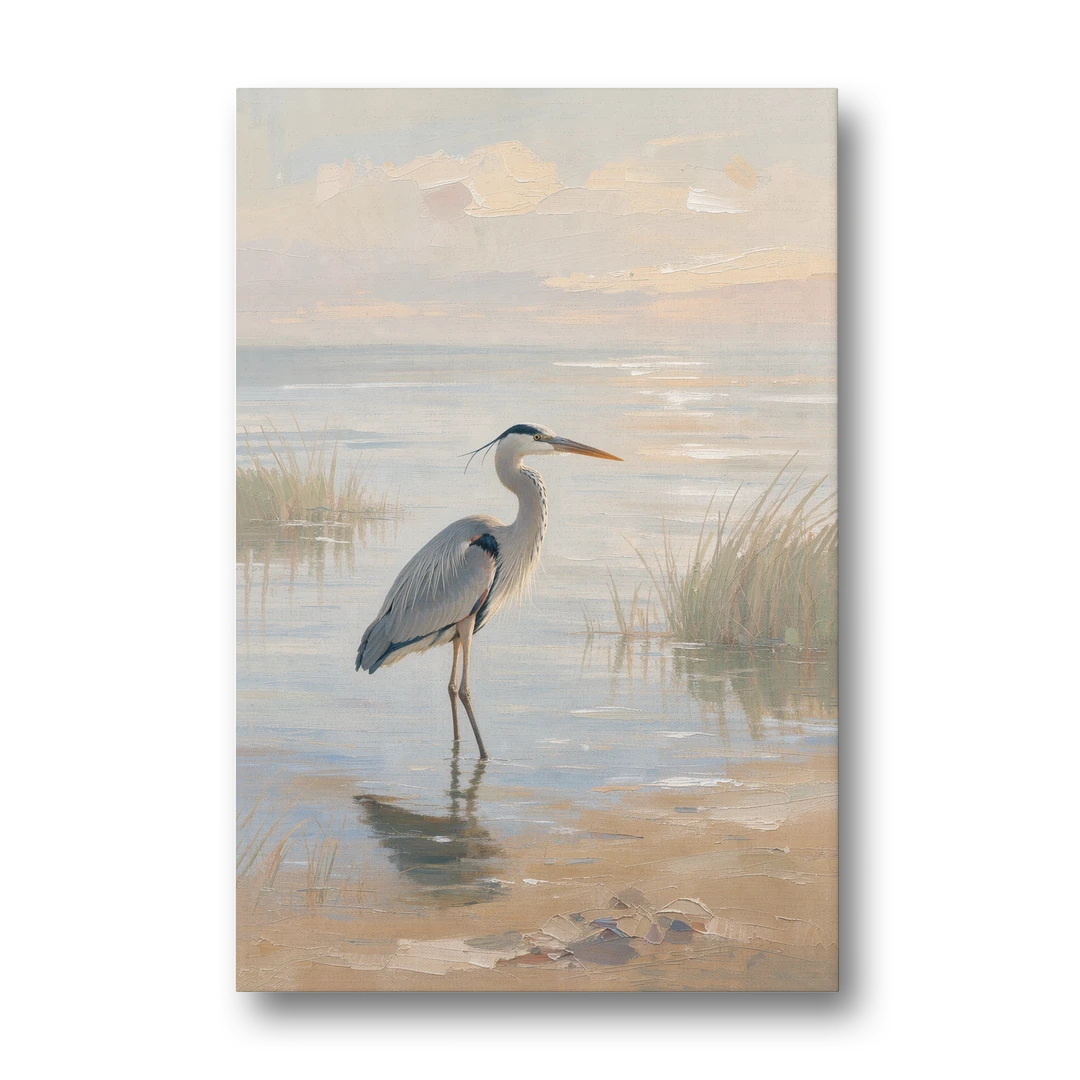 Hotel Room Decor with a Heron in Misty Shallows - Canvas Wall Art - Front