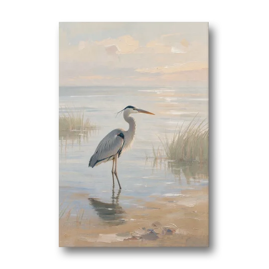 Hotel Room Decor with a Heron in Misty Shallows - Canvas Wall Art - Front