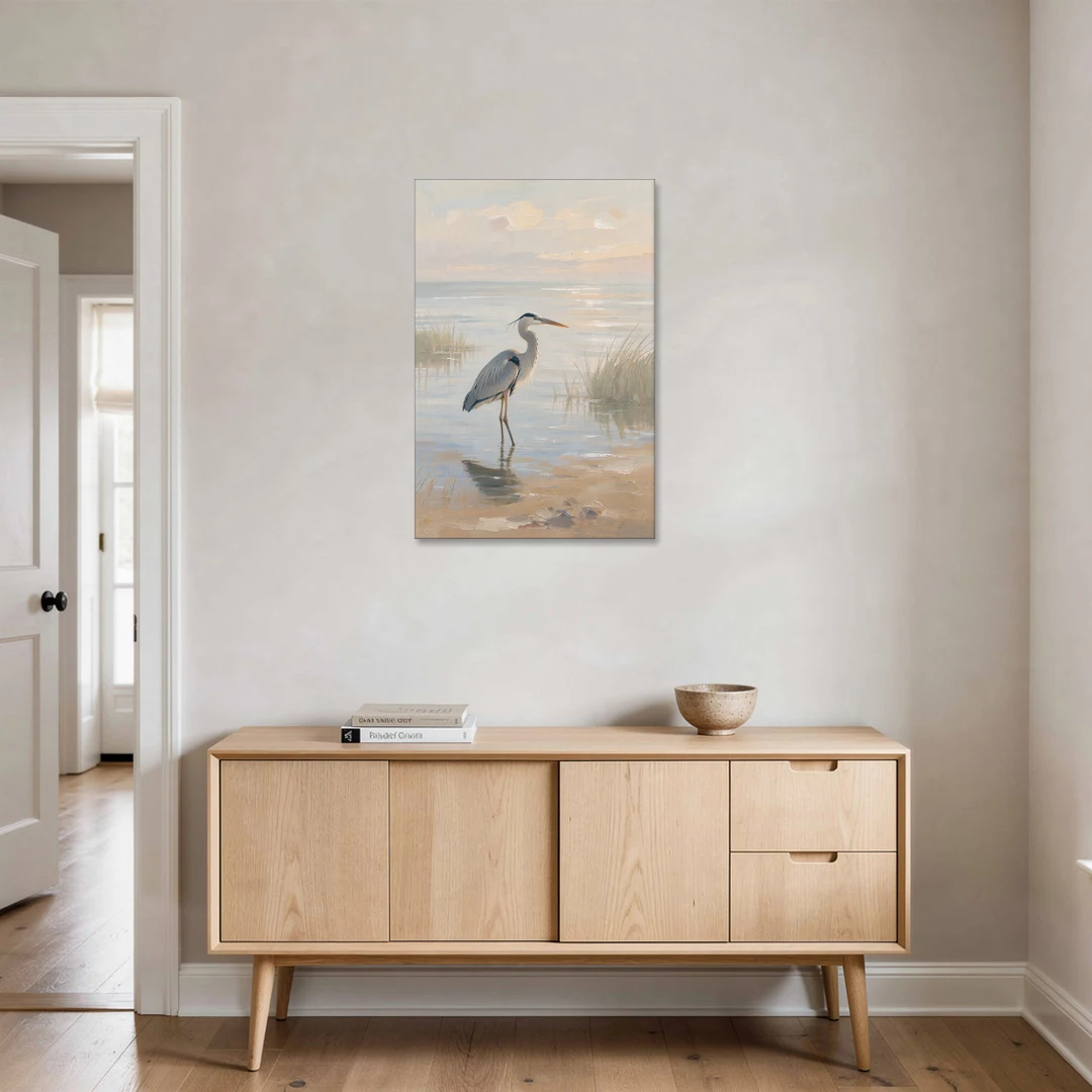 Hotel Room Decor with a Heron in Misty Shallows - Canvas Wall Art - Coffee Table - 24x36