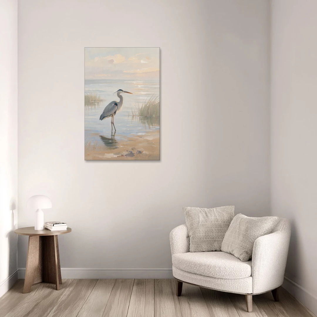 Hotel Room Decor with a Heron in Misty Shallows - Canvas Wall Art - Sofa - 24x36