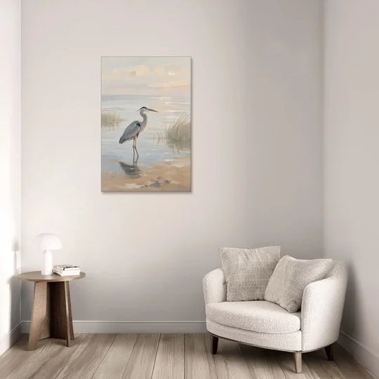 Hotel Room Decor with a Heron in Misty Shallows - Canvas Wall Art - Sofa - 24x36