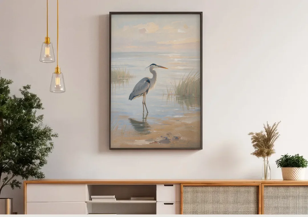 Hotel Room Decor with a Heron in Misty Shallows canvas wall art above a wooden sideboard under pendant lights