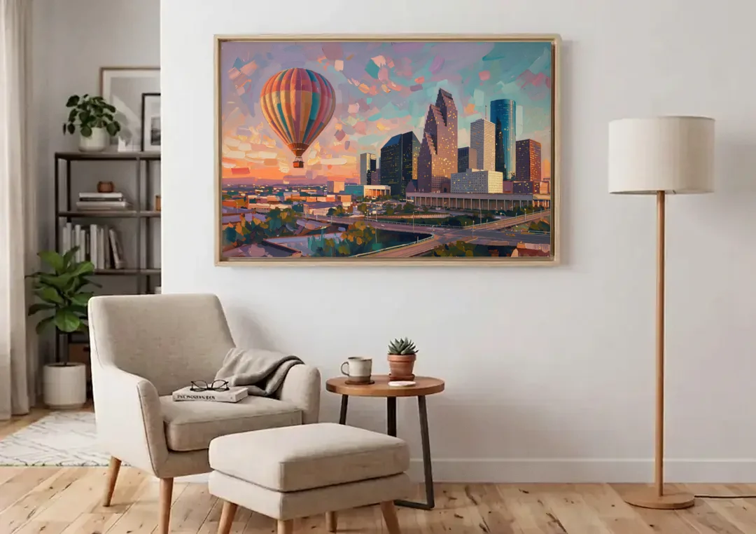 Houston Artistic Flair canvas wall art above an armchair in a bright living room
