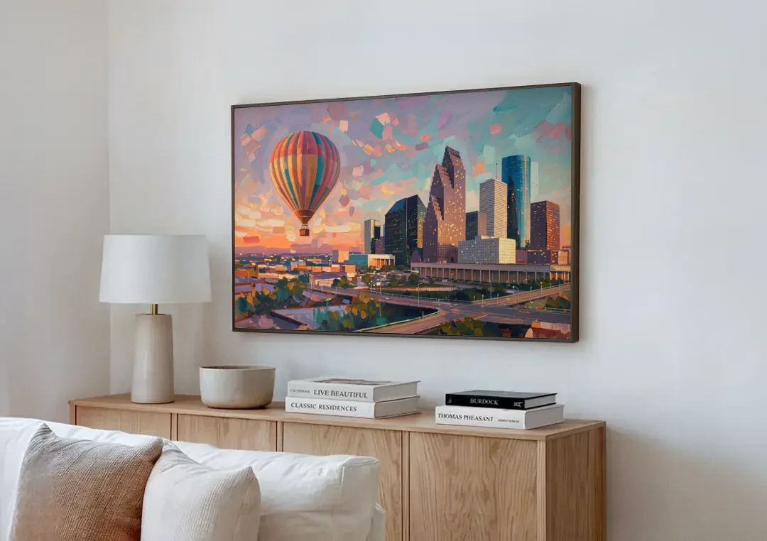 Houston Artistic Flair canvas wall art above a wooden sideboard next to a sofa