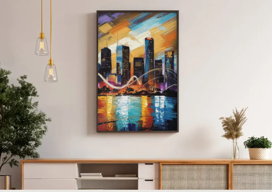 Houston Artistic Skyline canvas wall art above a wooden sideboard under pendant lights