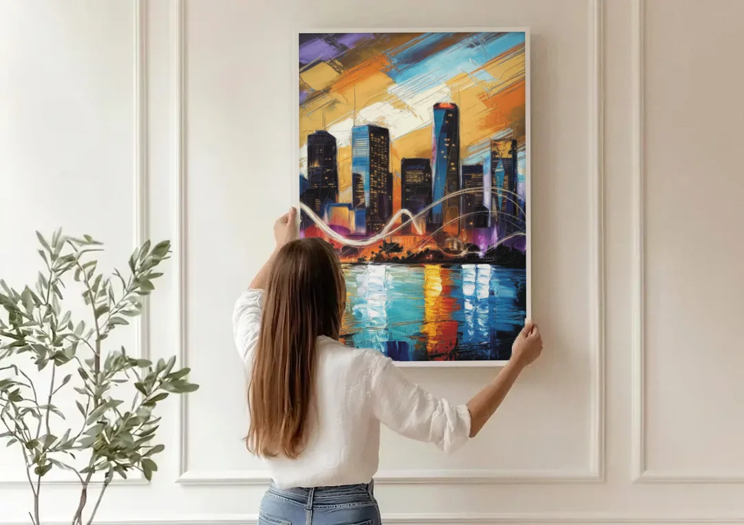 Houston Artistic Skyline canvas wall art being hung on a paneled wall