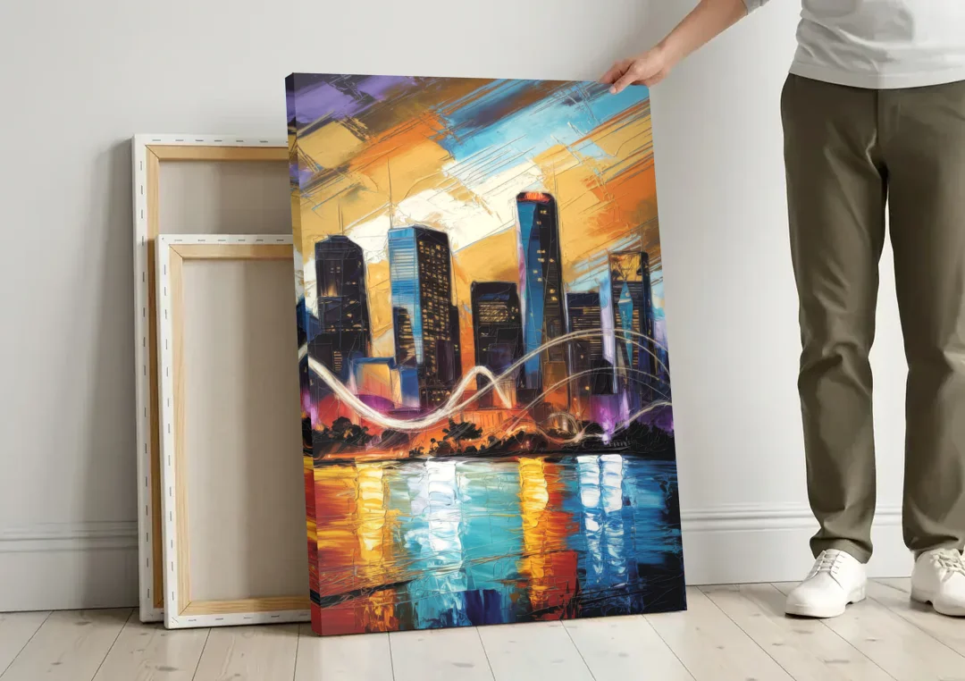 Houston Artistic Skyline canvas wall art leaning against a wall next to blank canvases