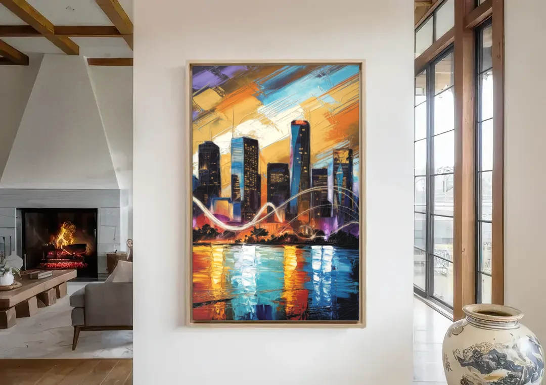 Houston Artistic Skyline canvas wall art in a living room with a fireplace