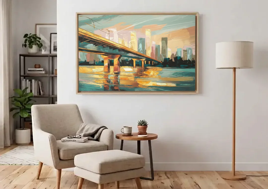 Houston Be Someone Bridge canvas wall art above an armchair in a bright living room